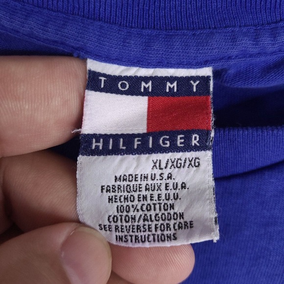 Vintage Tommy Hilfiger T-Shirt Adult XL Blue Made in USA Colorful Spell Out - Picture 3 of 11